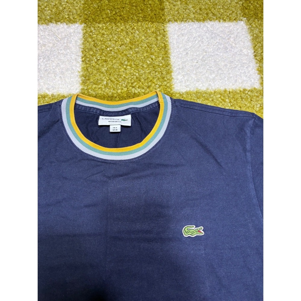 Lacoste Mens Navy Blue Striped Ribbed Collar T-Shirt Regular‎ Fit Size M FR 4 - Picture 2 of 6